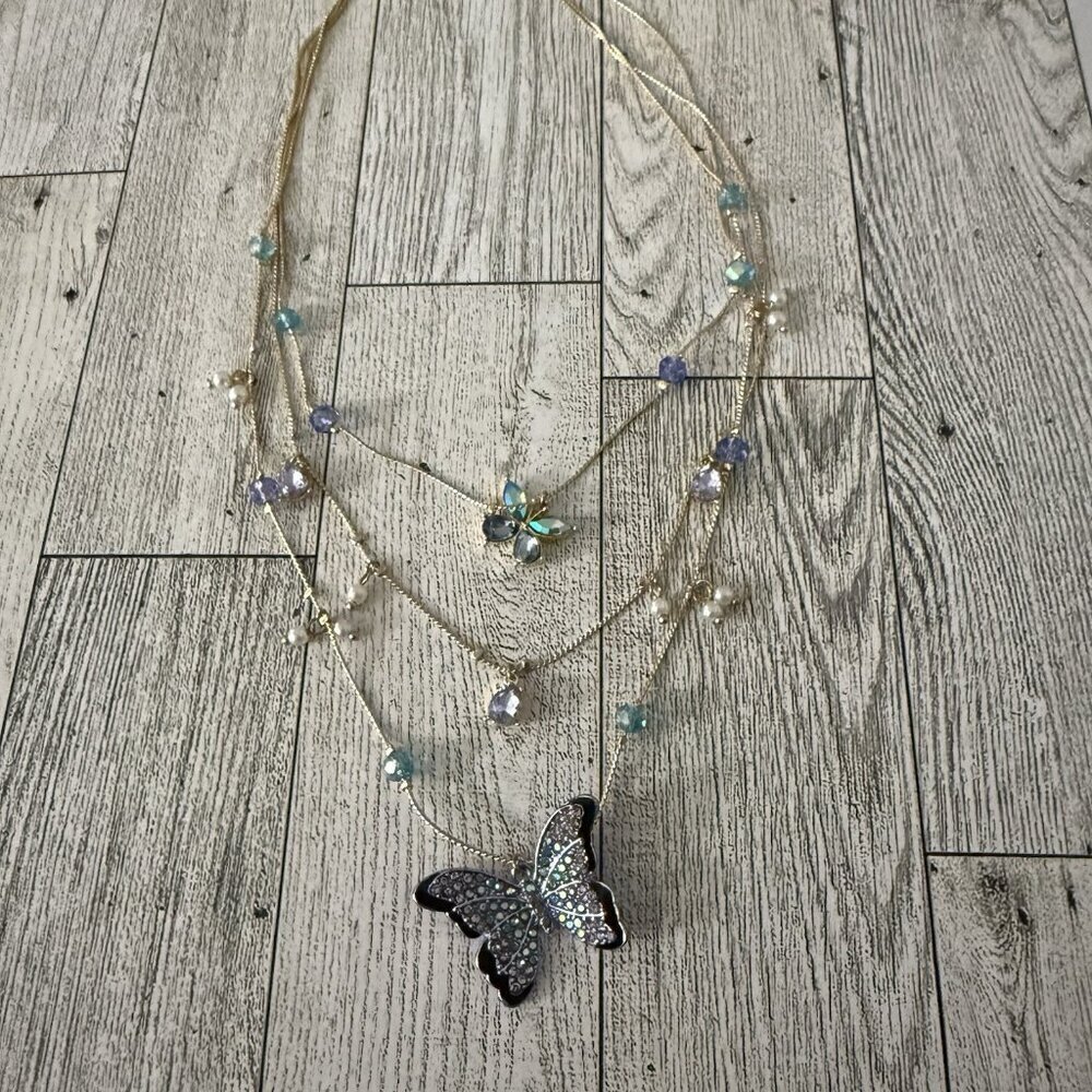 Betsey Johnson Butterfly Crystal Rhinestone Triple Strands Necklace NWT